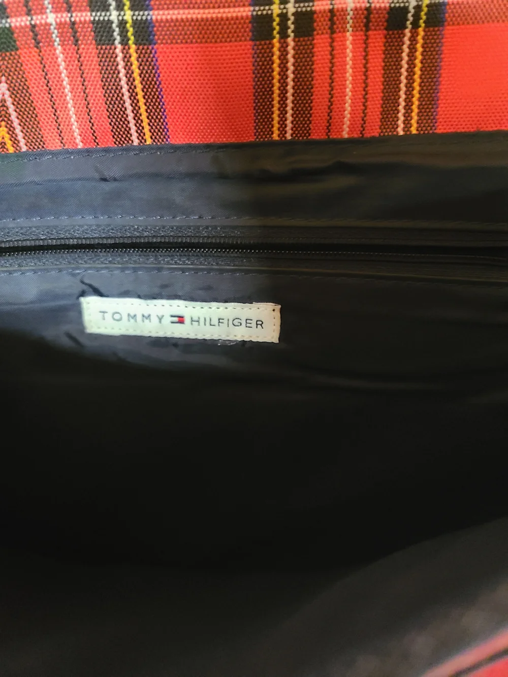 Vintage Tommy Hilfiger Red Denim Messenger Bag T Logo Plaid Lined Y2K